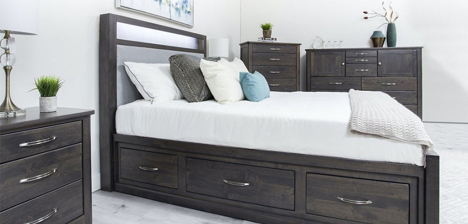 York storage bed made of solid alder in clay stain, with LED light across upholstered headboard