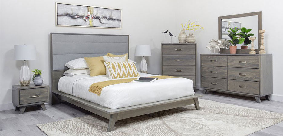 Low platform bed with nightstand, chest, dresser and mirror in clay finish