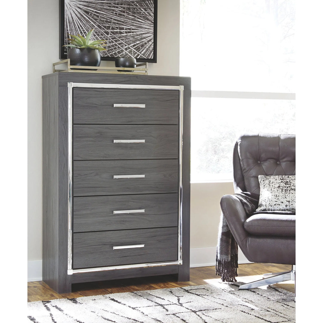 Ashley B214/31/36/46/58/56S/97 Lodanna - Gray - 6 Pc. - Dresser, Mirror, Chest & King Panel Bed with 2 Storage Drawers