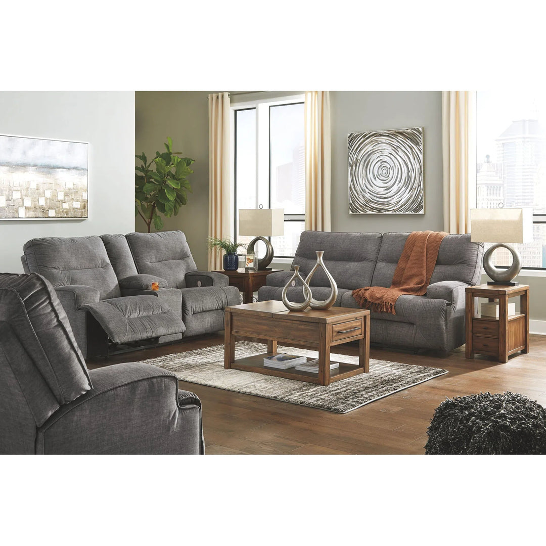 Ashley 45302/81/94 Coombs - Charcoal - 2 Seat REC Sofa & DBL REC Loveseat with Console