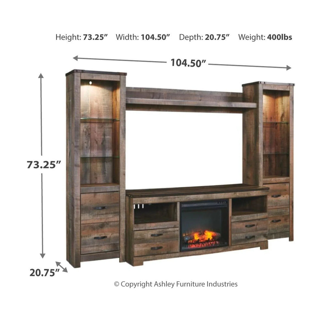 Ashley W446/68/24(2)/27/W100-101 Trinell - Entertainment Center - LG TV Stand, 2 Tall Piers, Bridge with Fireplace Insert Infrared