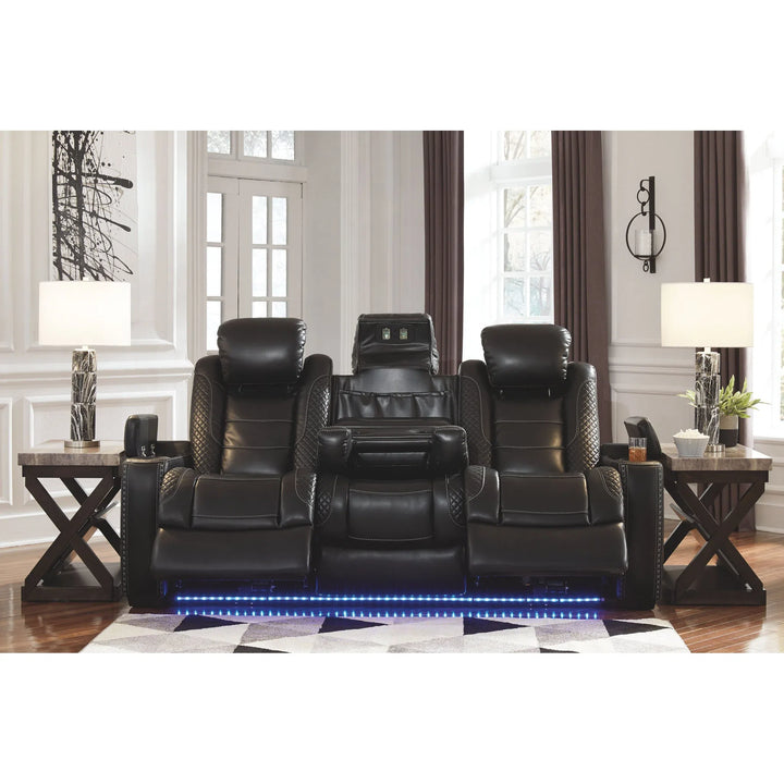 Ashley 37003/15/18/T568-13 Party Time - Midnight - PWR REC Sofa with ADJ HDRST, PWR REC Loveseat/CON/ADJ HDRST & Radilyn Table Set