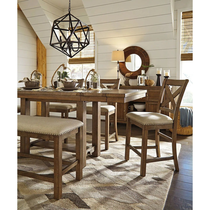 Ashley D631/32/124(4)/09 Moriville - Gray - 6 Pc. - RECT DRM Counter EXT Table, 4 UPH Barstools & Double UPH Bench