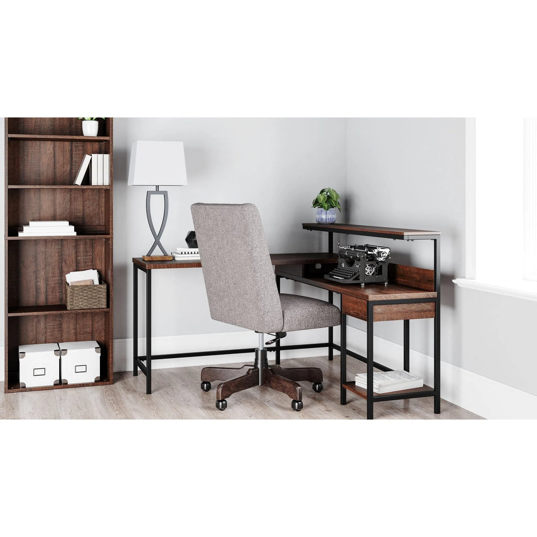 Ashley H283/24/17/H200-05 Camiburg - Warm Brown - L-Desk with Storage, Bookcase & Swivel Desk Chair