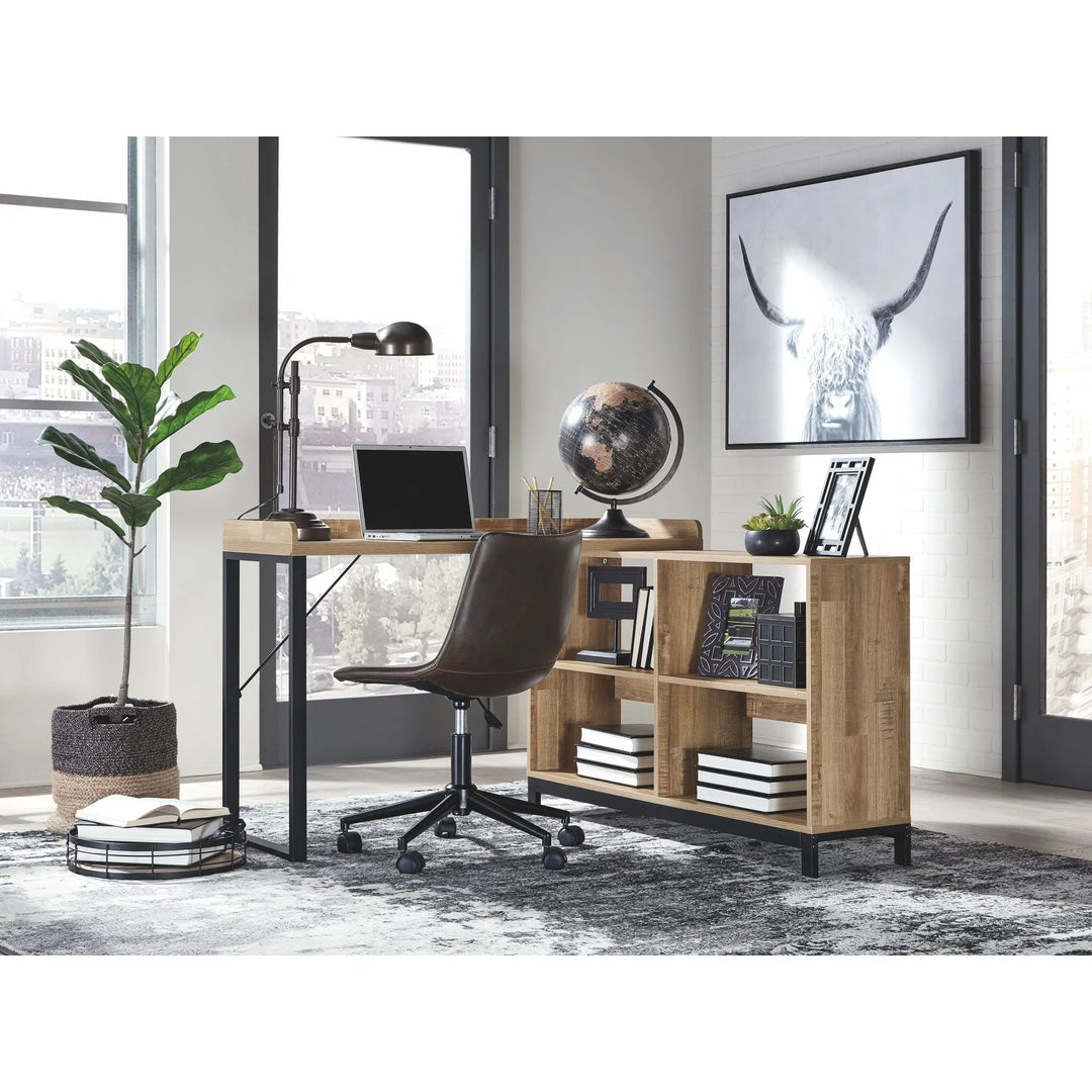 Ashley H320/24/H200-01 Gerdanet - Light Brown - L-Shaped Home Office Desk with Swivel Chair