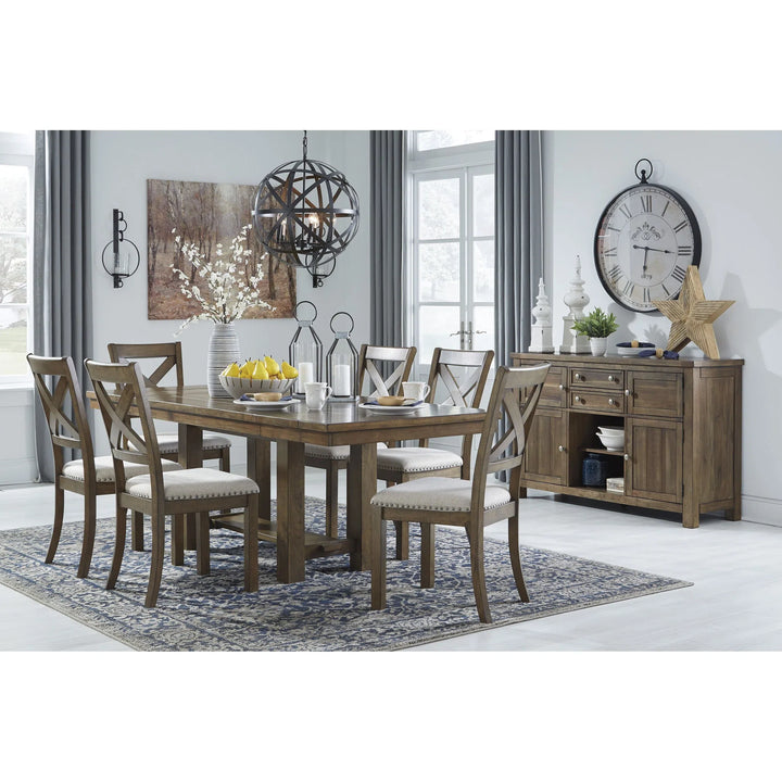 Ashley D631/45/01(6)/60 Moriville - Grayish Brown - 8 Pc. - RECT DRM EXT Table, 6 UPH Side Chairs & DRM Server
