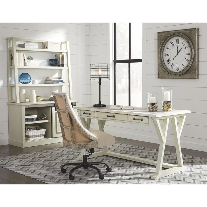Ashley H642/44/40/49/H200/07 Jonileene - White/Gray - Large Leg Desk, Cabinet with Desk Hutch & Swivel Chair
