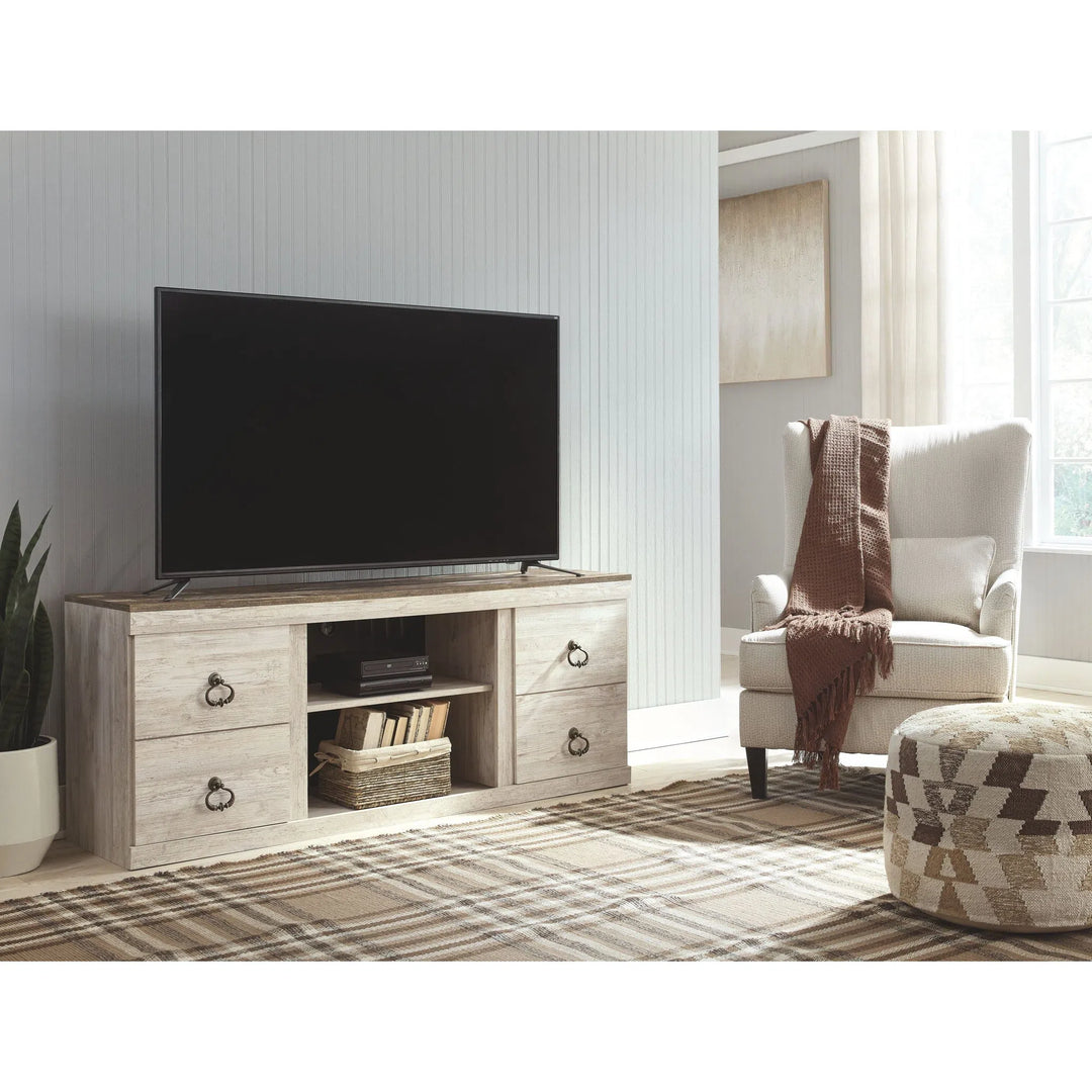 Ashley EW0267-168 Willowton - Whitewash - LG TV Stand w/Fireplace Option