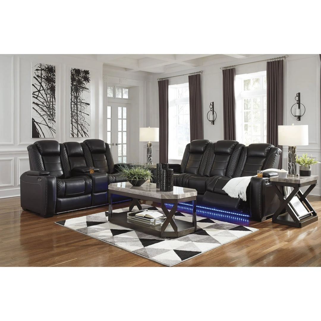 Ashley 37003/15/18/T568-13 Party Time - Midnight - PWR REC Sofa with ADJ HDRST, PWR REC Loveseat/CON/ADJ HDRST & Radilyn Table Set