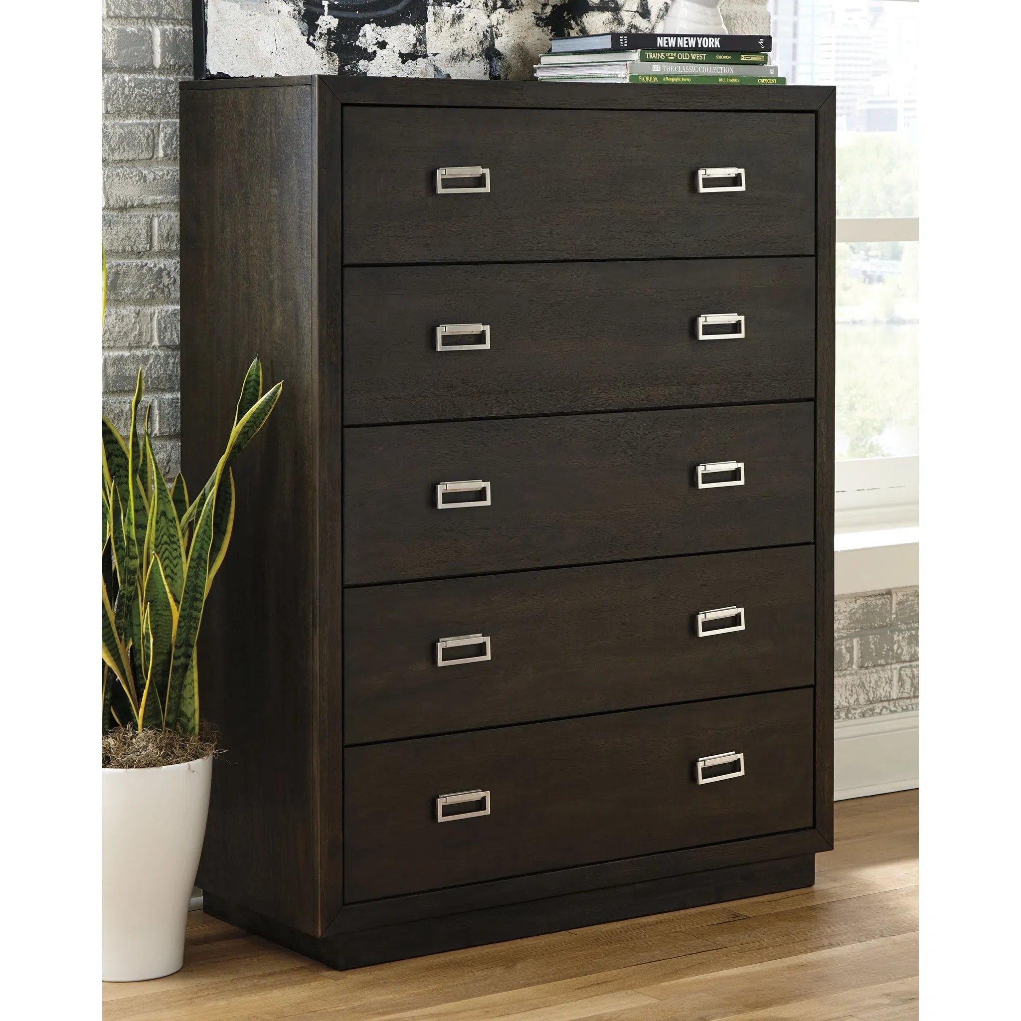 Ashley B731/31/36/46/57/54S Hyndell - Dark Brown - 5 Pc. - Dresser, Mirror, Chest & Queen UPH Panel Bed with Storage