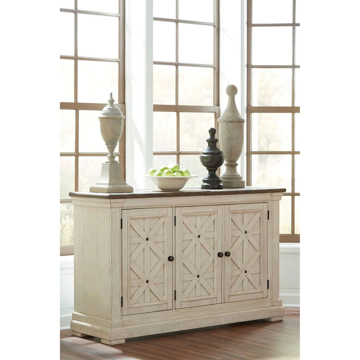Ashley D647/32/124(6)/60/76(3) Bolanburg - Antique White - 11 Pc. - RECT DRM Counter Table, 6 UPH Barstools, DRM Server & 3 Display Cabinets
