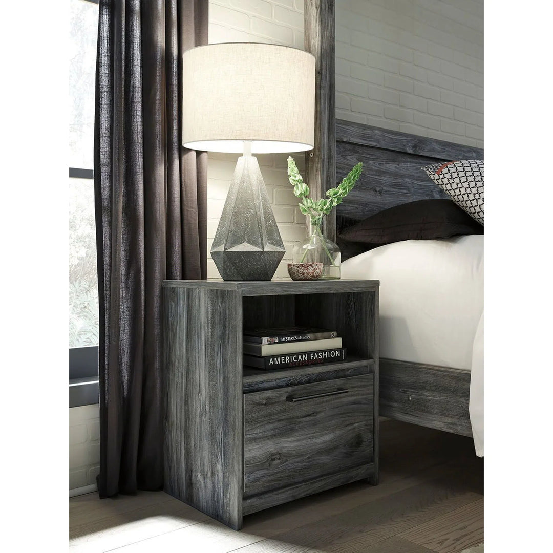 Ashley B221/31/36/46/58/56S/95/B100-14/91(2) Baystorm - Gray - 9 Pc. - Dresser, Mirror, Chest, King Panel Bed with 2 Storage Drawers & 2 Nightstands