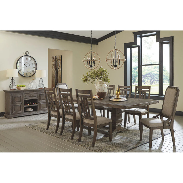 Ashley D813/55T/55B/01(6)/02(2)/60 Wyndahl - Rustic Brown - 11 Pc. - RECT DRM EXT Table, 6 UPH Side Chairs, 2 UPH Side Chairs & Server