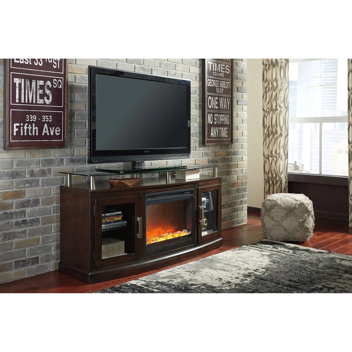 Ashley W757/48/W100-02 Chanceen - Dark Brown - 60 TV Stand with Electric Fireplace