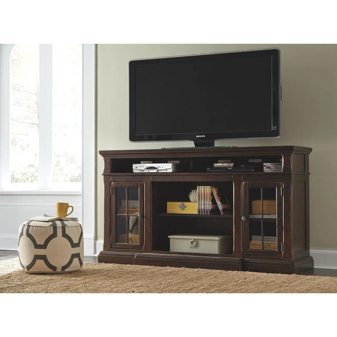 Ashley W701/88/W100-121 Roddinton - Dark Brown - XL TV Stand with LG Fireplace Insert Infrared