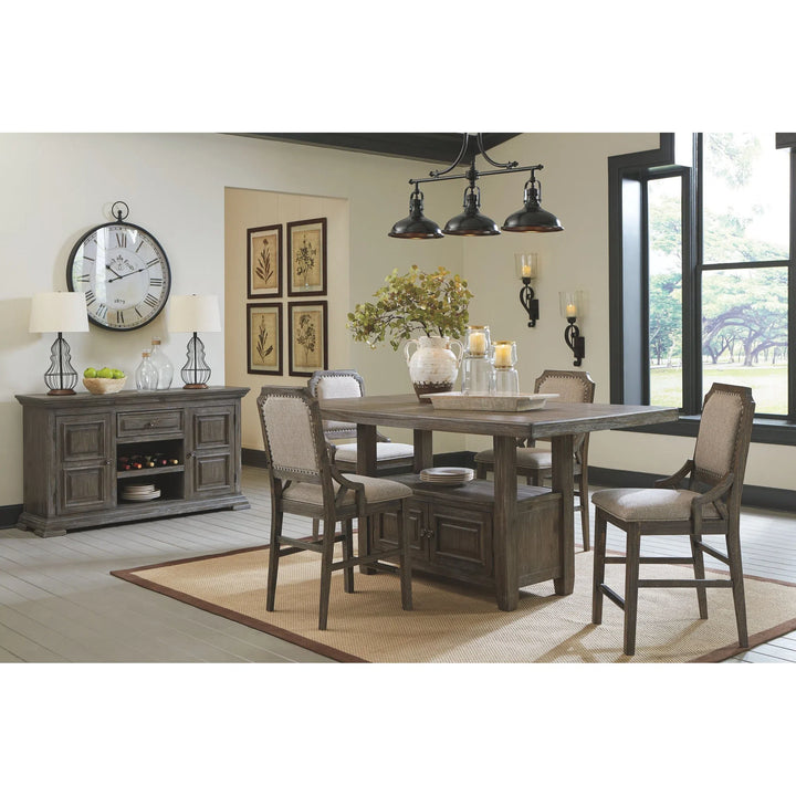 Ashley D813/32/124(4)/60 Wyndahl - Rustic Brown - 6 Pc. - RECT Counter Table with Storage, 4 UPH Barstools & Server