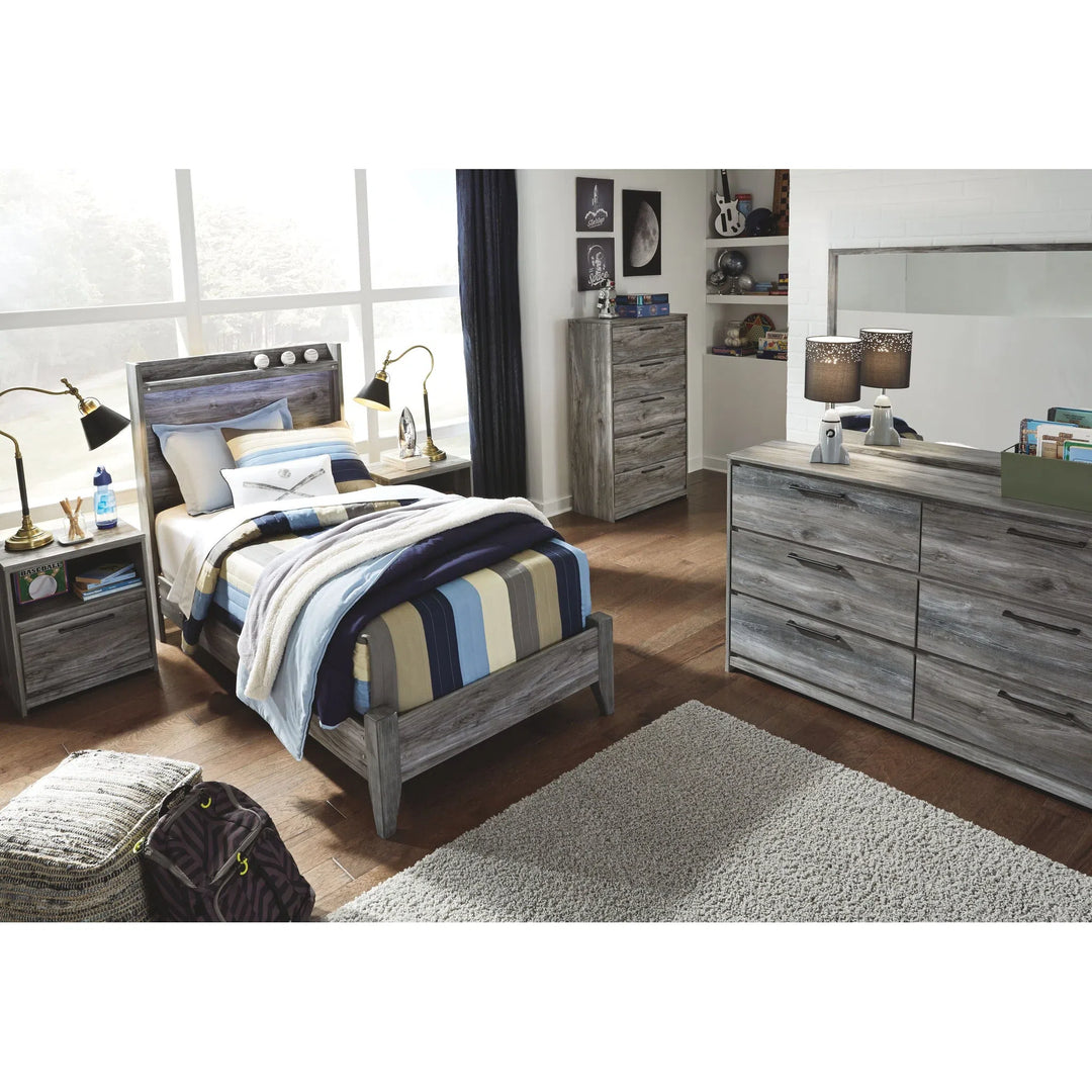 Ashley B221/31/36/53/52/91(2) Baystorm - Gray - 6 Pc. - Dresser, Mirror, Twin Panel Bed & 2 Nightstands