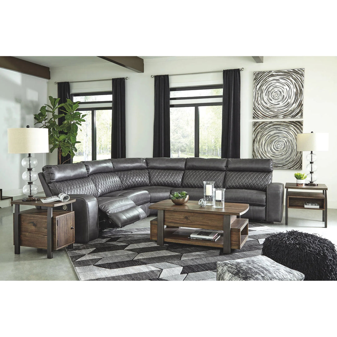 Ashley 55203/58/19/77/46/62/T758-9/3/7 Samperstone - Gray - LAF Zero Wall PWR Recliner, Armless Recliner, Wedge, Armless Chair, RAF Zero Wall PWR Recliner Sectional, Vailbry Cocktail Table, End Table & Chair Side End Table