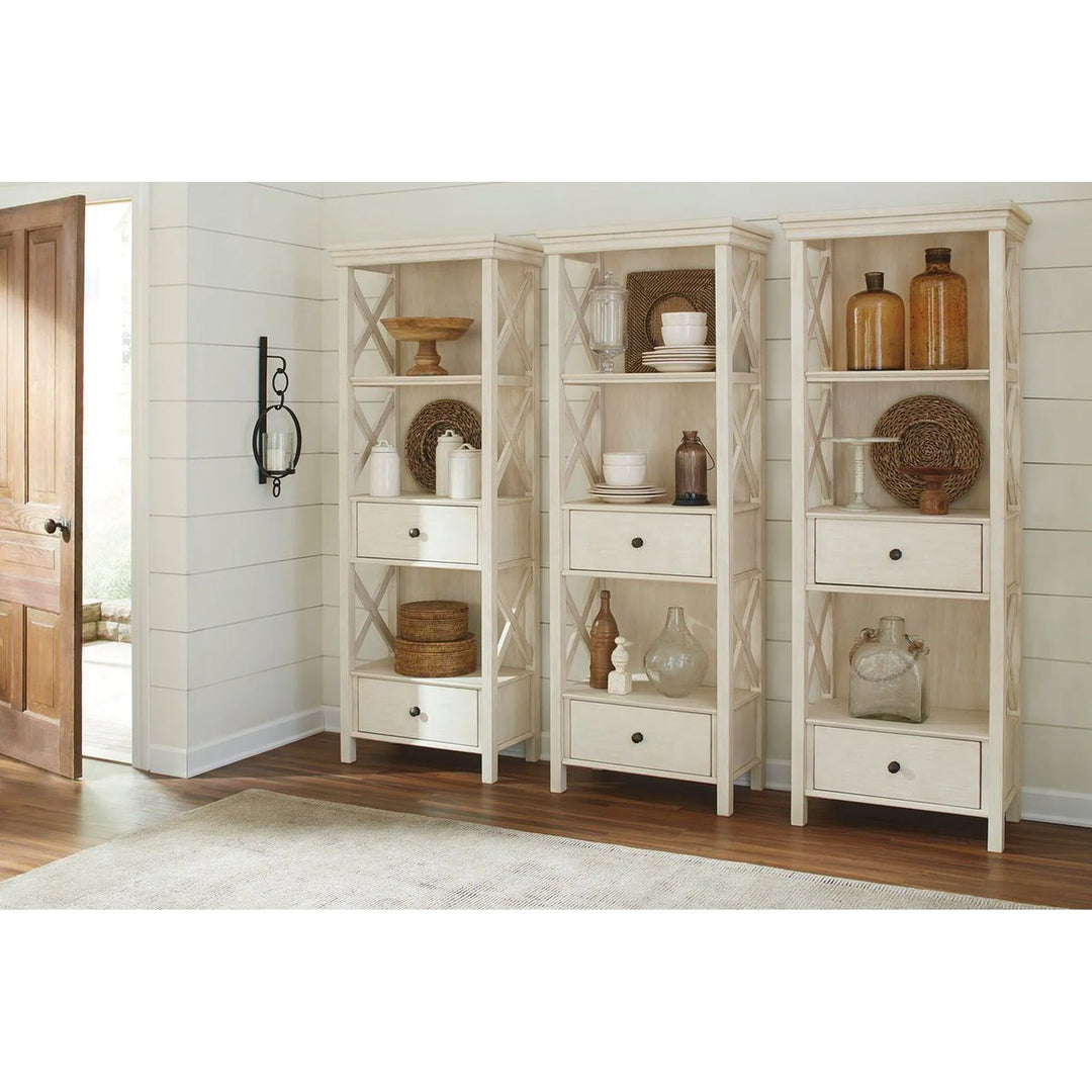 Ashley D647/32/124(6)/60/76(3) Bolanburg - Antique White - 11 Pc. - RECT DRM Counter Table, 6 UPH Barstools, DRM Server & 3 Display Cabinets