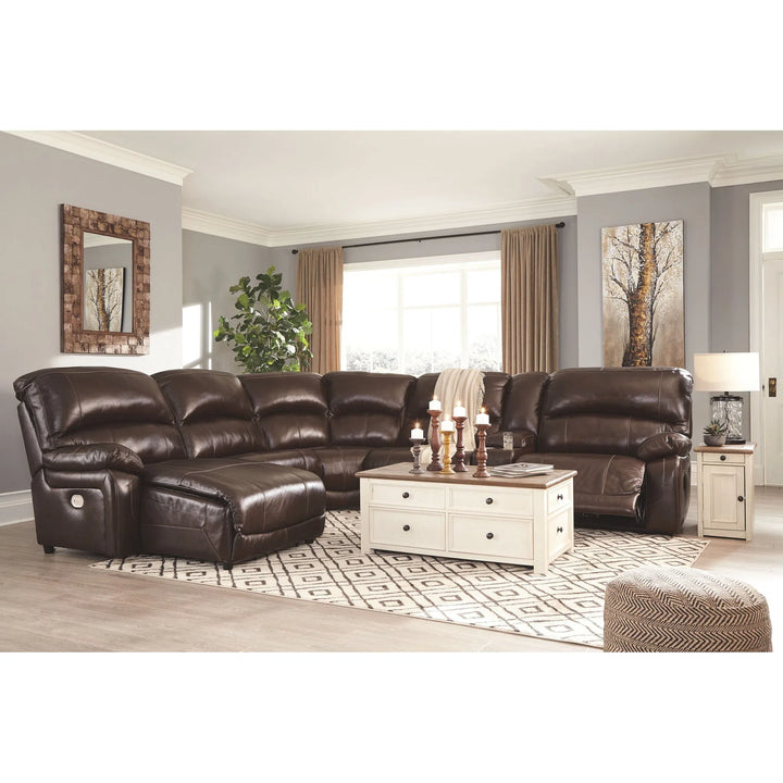 Ashley U52402/79/46/77/19/57/62 Hallstrung - Chocolate - LAF Press Back PWR Chaise, Armless Chair, Wedge, Armless Recliner, Console with Storage & RAF Zero Wall PWR Recliner Sectional