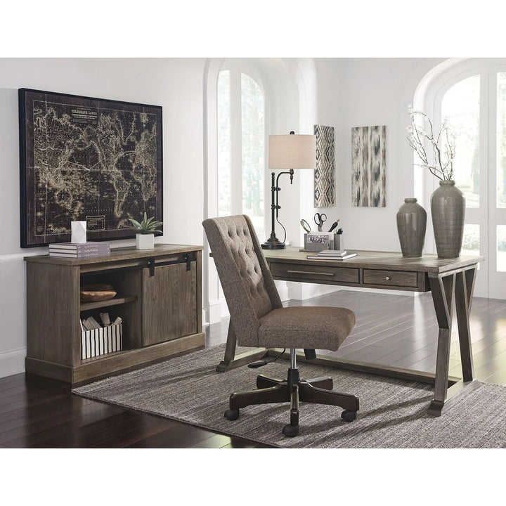 Ashley H741/44/46/H200/05 Luxenford - Grayish Brown - Large Leg Desk, Credenza & Swivel Desk Chair