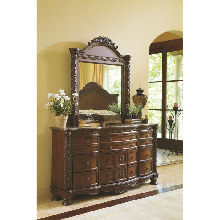 Ashley B553/131/36/172/151/162/150/195 North Shore - Dark Brown - 7 Pc. - Dresser, Mirror & California King Poster Bed with Canopy