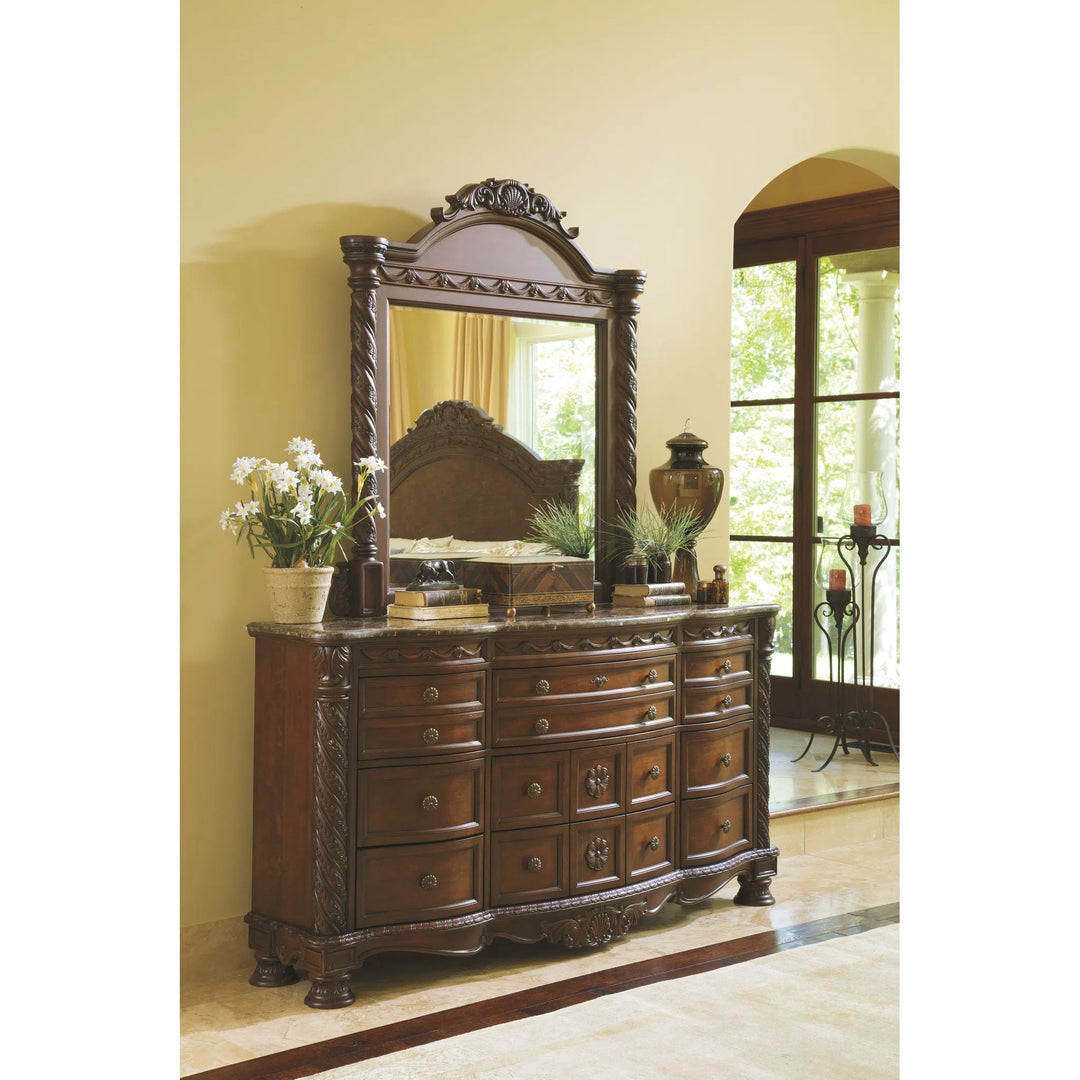 Ashley B553/131/36/46/172/151/162/150/199 North Shore - Dark Brown - 8 Pc. - Dresser, Mirror, Chest & King Poster Bed with Canopy