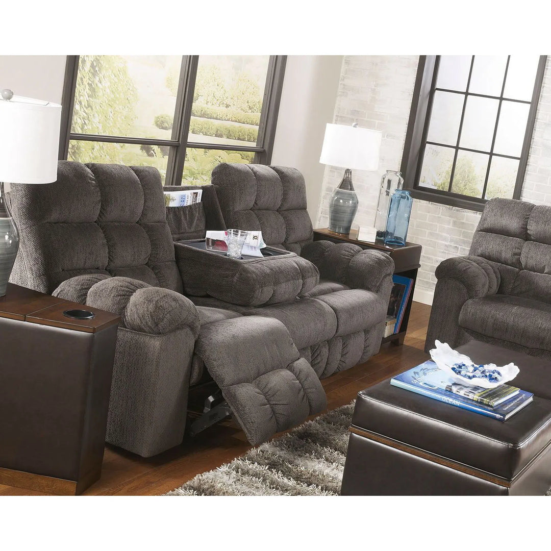 Ashley 58300/89/94/28 Acieona - Slate - REC Sofa with Drop Down Table, DBL Rec Loveseat with Console & Swivel Rocker Recliner