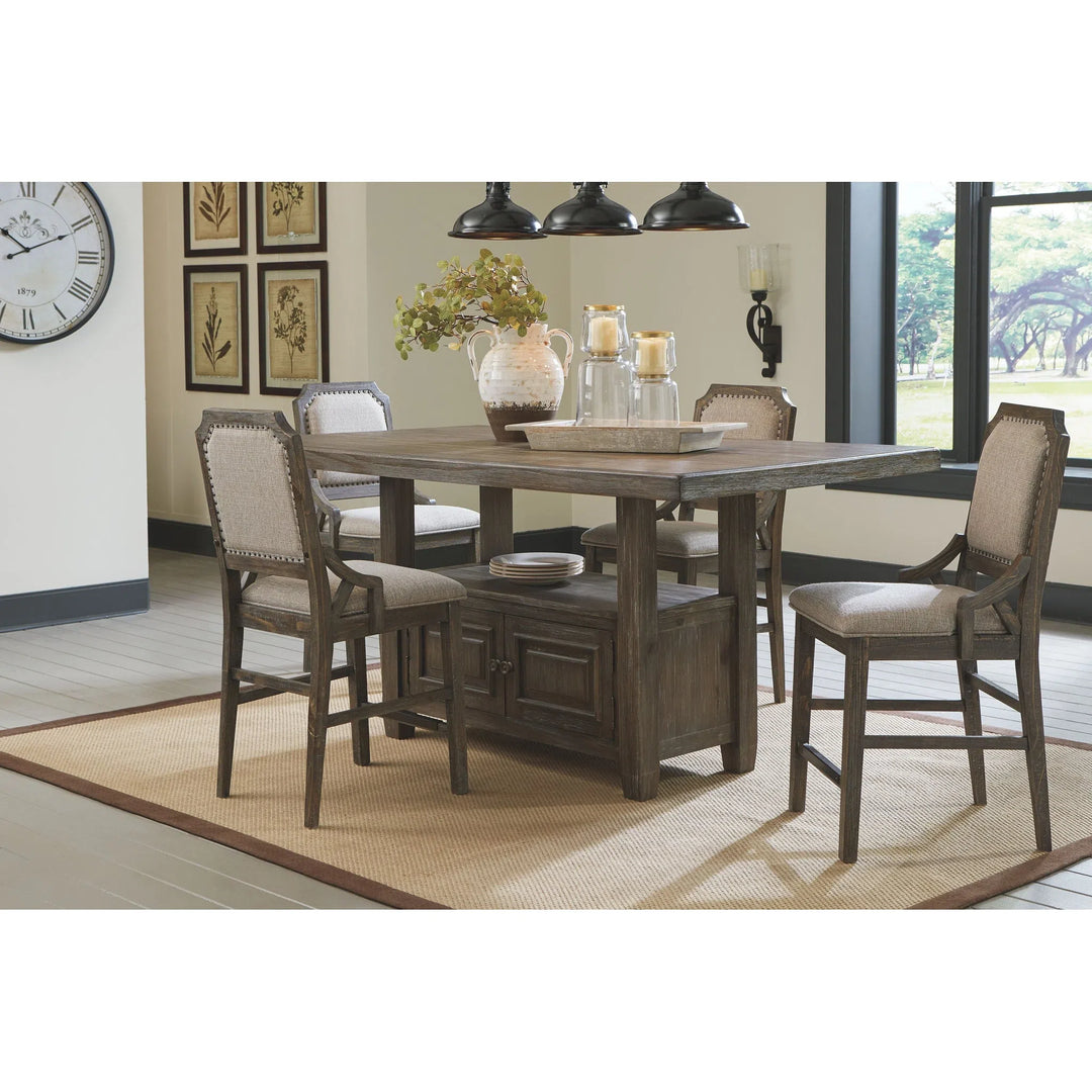 Ashley D813/32/124(4) Wyndahl - Rustic Brown - 5 Pc. - RECT Counter Table with Storage & 4 UPH Barstools