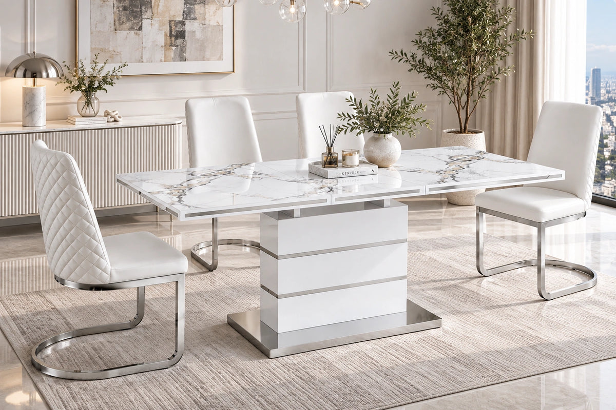 Hailey 7 Pieces Dining Set – White/Silver