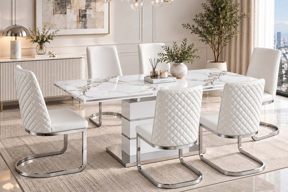 Hailey 7 Pieces Dining Set – White/Silver