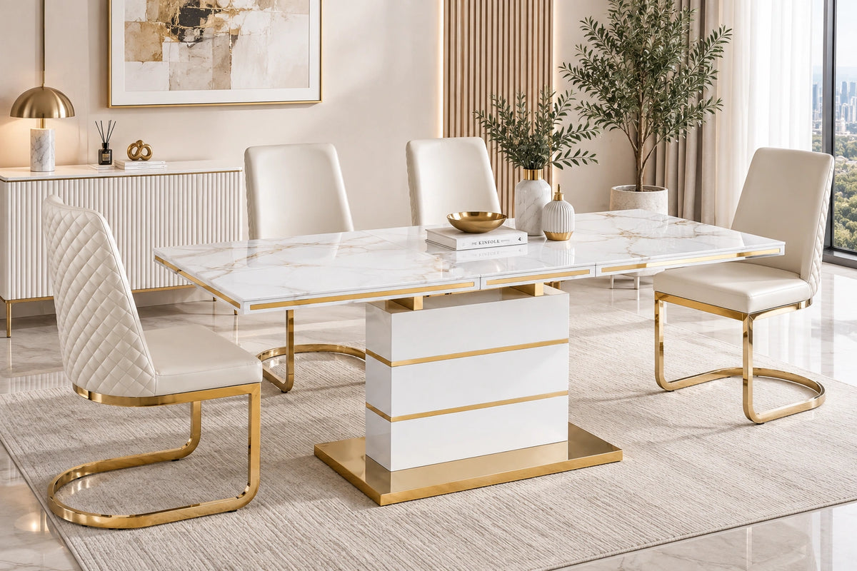 Hailey 7 Pieces Dining Set – White/Gold