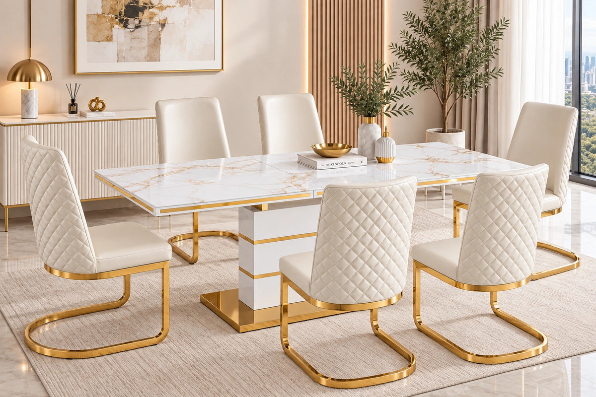Hailey 7 Pieces Dining Set – White/Gold