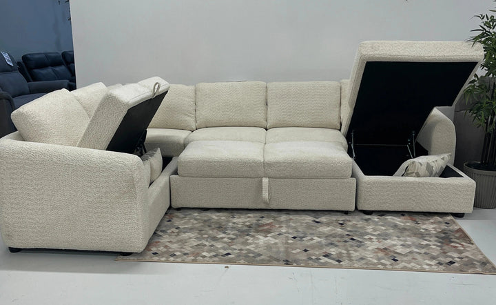 Sectional open showing features with Storage and pull out lounger