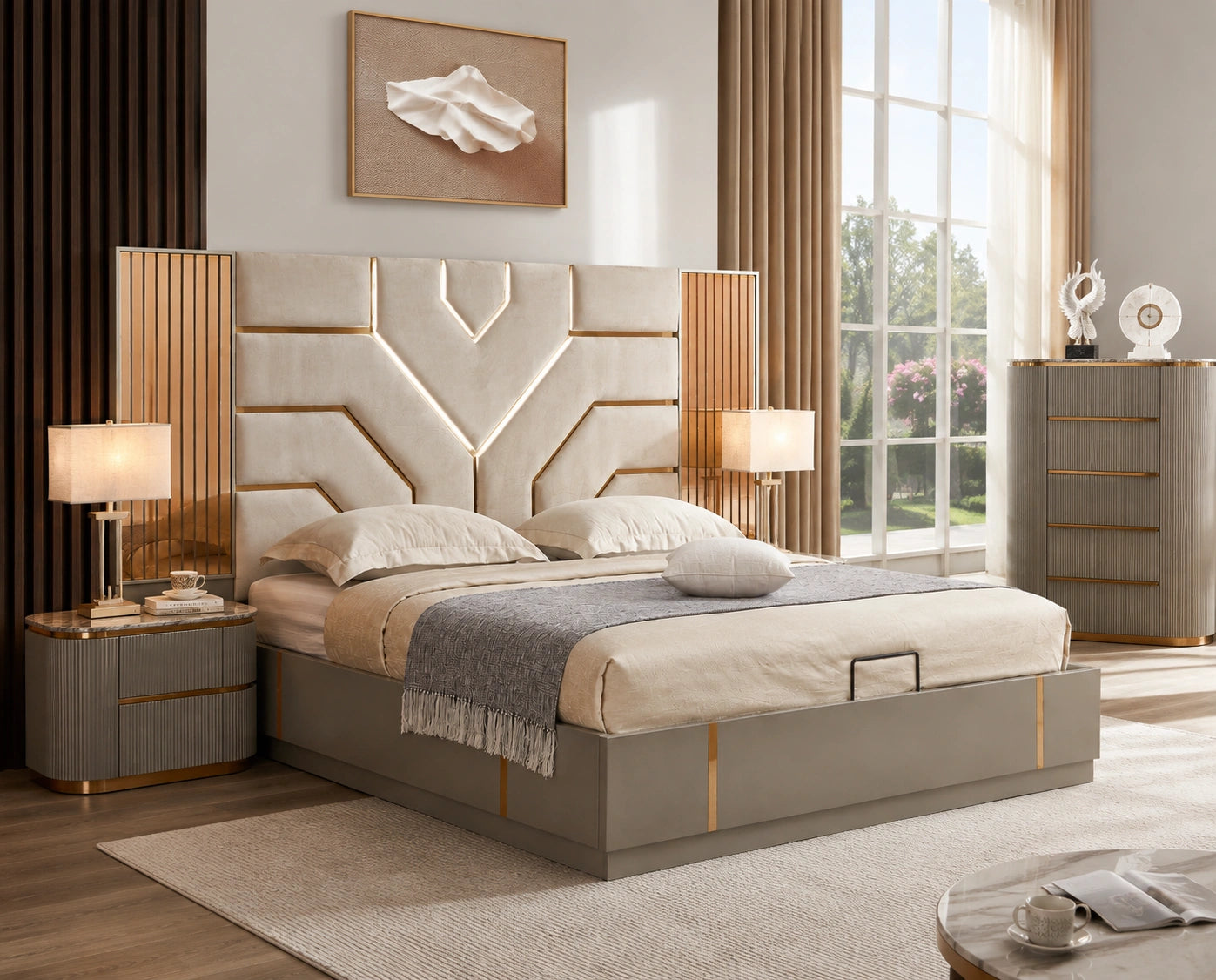 Hazel Storage Bed with Hydraulic Lift + 2 Nightstands