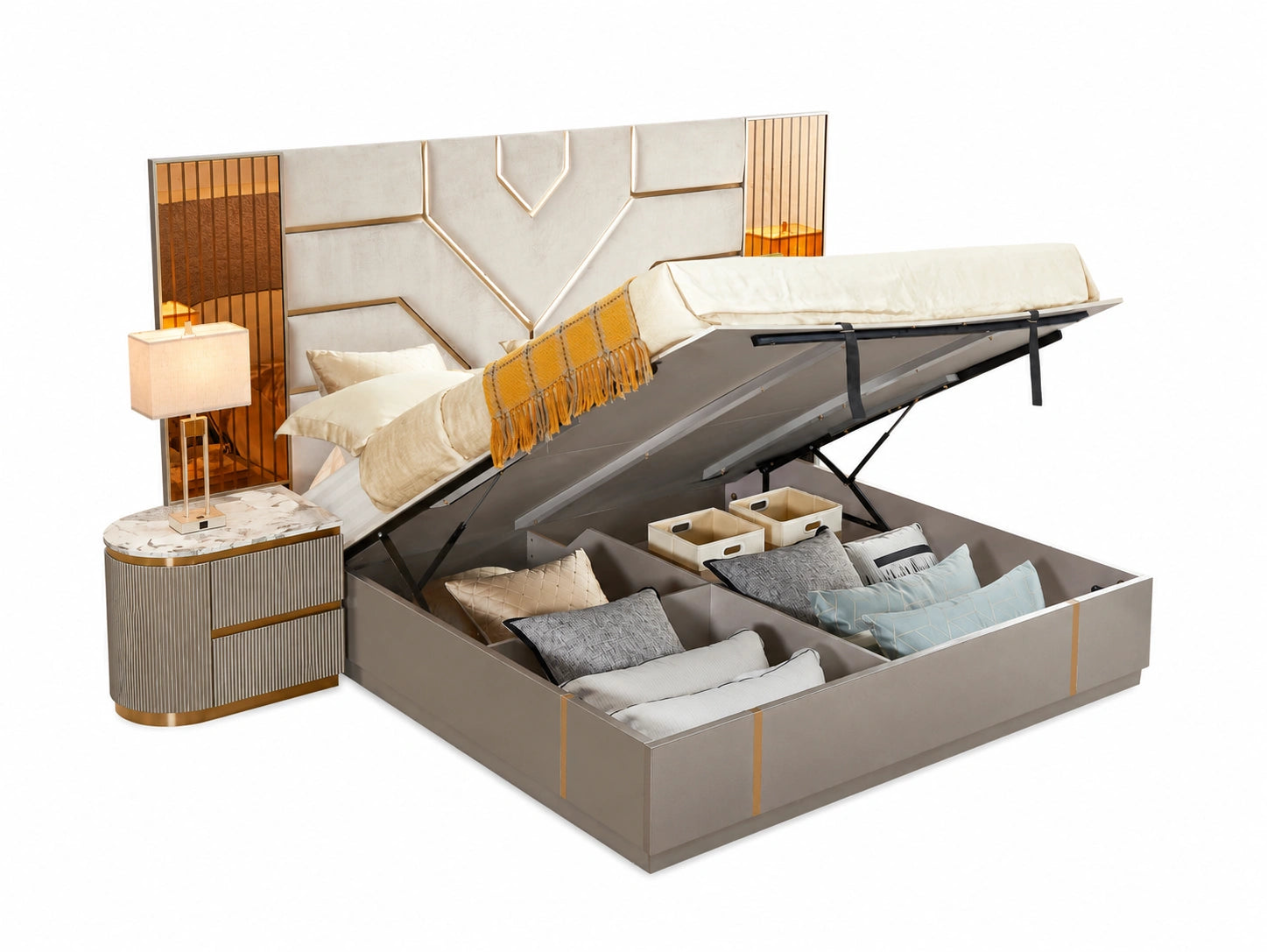 Hazel Storage Bed with Hydraulic Lift + 2 Nightstands