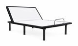 Adjustable platform bed frame with a black metal frame and white mattress, shown on a solid white background.