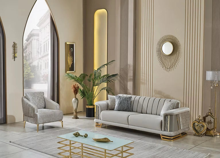 Neva Sofa in Light Grey & Gold