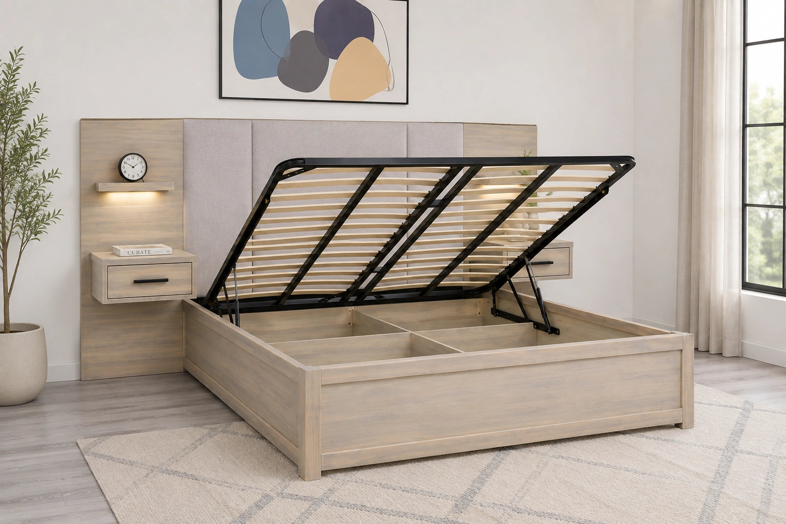 Oliver Lift Top Storage Bed w/ Attached Nightstands