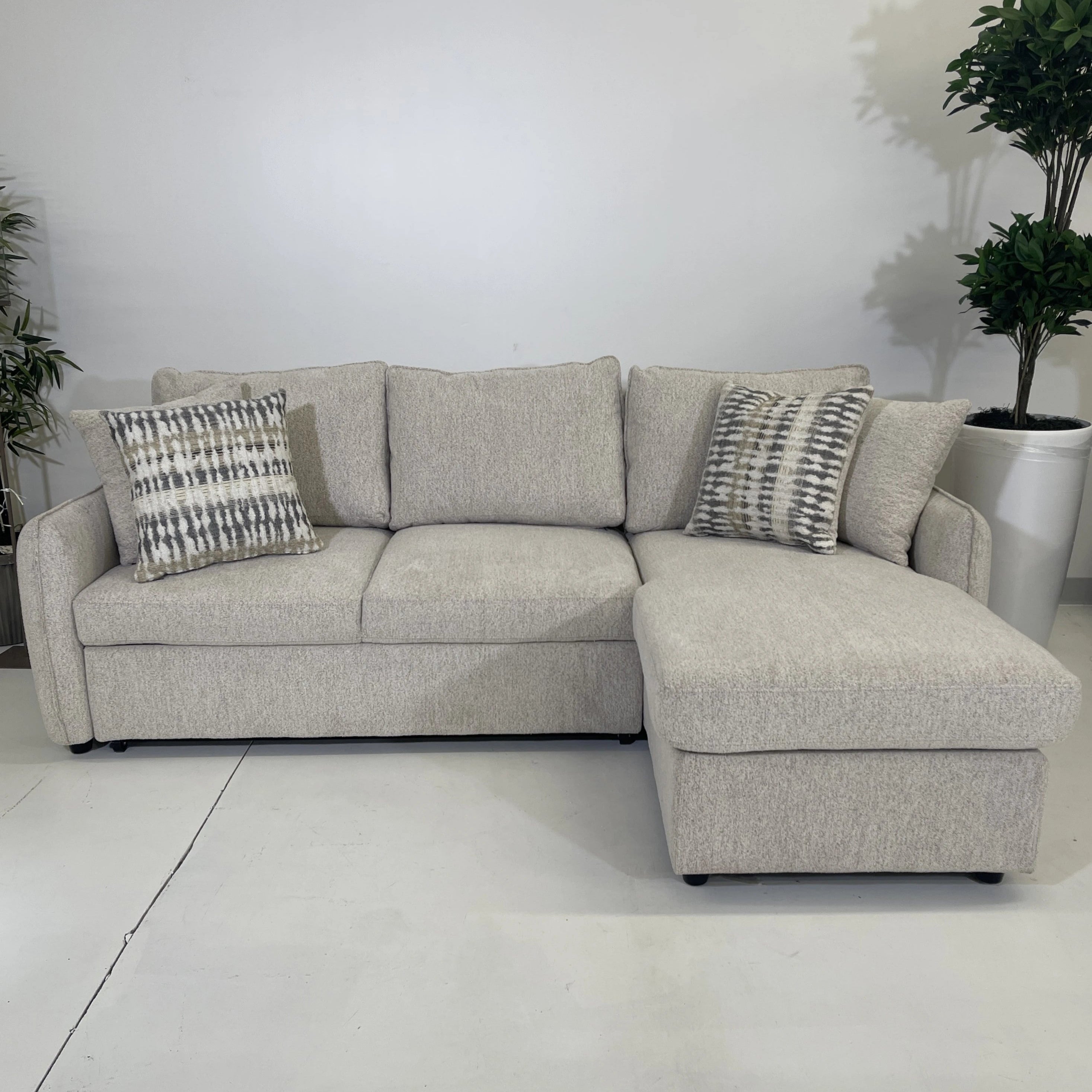 Sectional with pull out sleeper, storage chaise