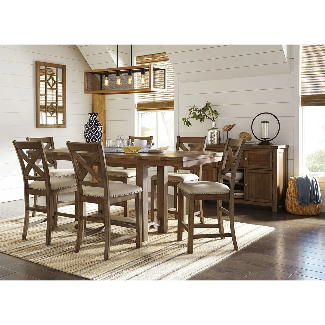 Ashley D631/32/124(6)/60 Moriville - Gray - 8 Pc. - RECT DRM Counter EXT Table, 6 UPH Barstools & Server