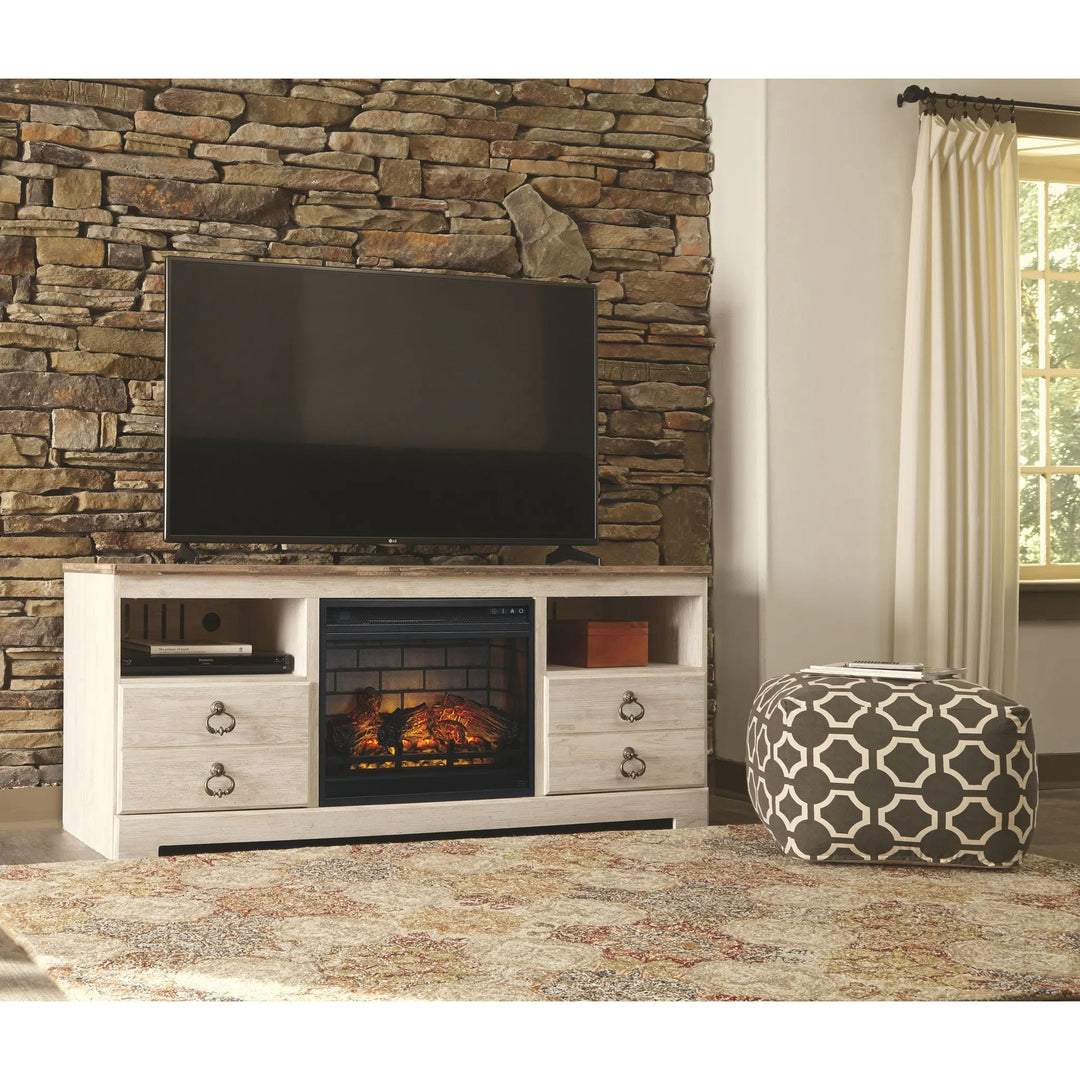 Whitewash entertainment deals center with fireplace