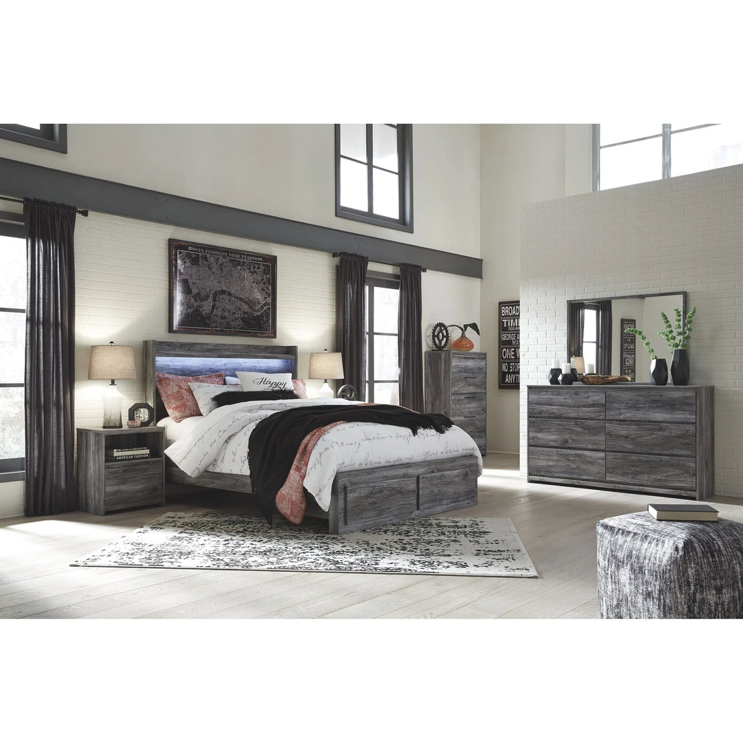 Ashley B221/31/36/57/54S/95/B100-13 Baystorm - Gray - 6 Pc. - Dresser, Mirror & Queen Panel Bed with 2 Storage Drawers