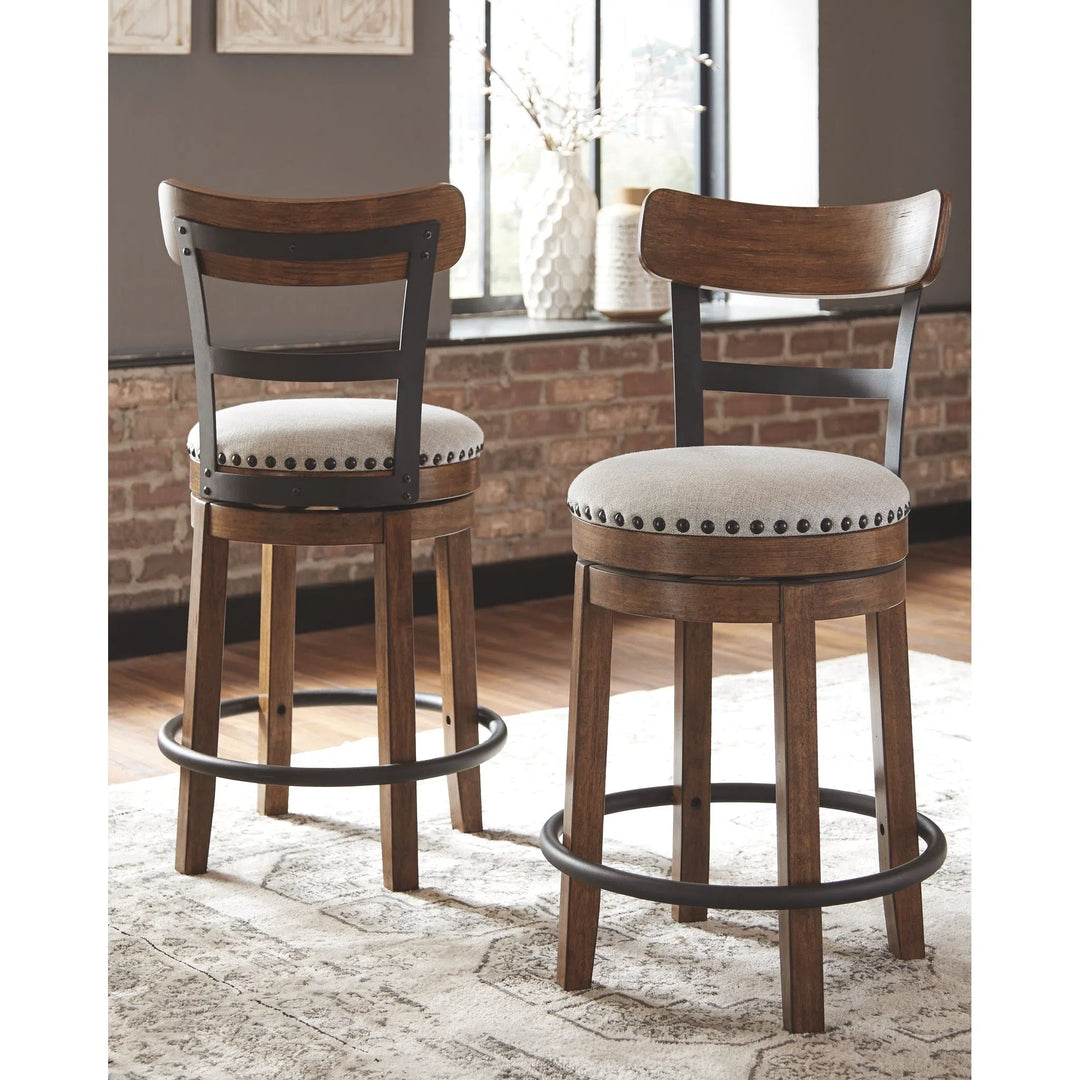 Ashley D546/13/424(4)/60 Valebeck - White/Brown - 6 Pc. - RECT DRM Counter Table, 4 UPH Swivel Barstools & DRM Server