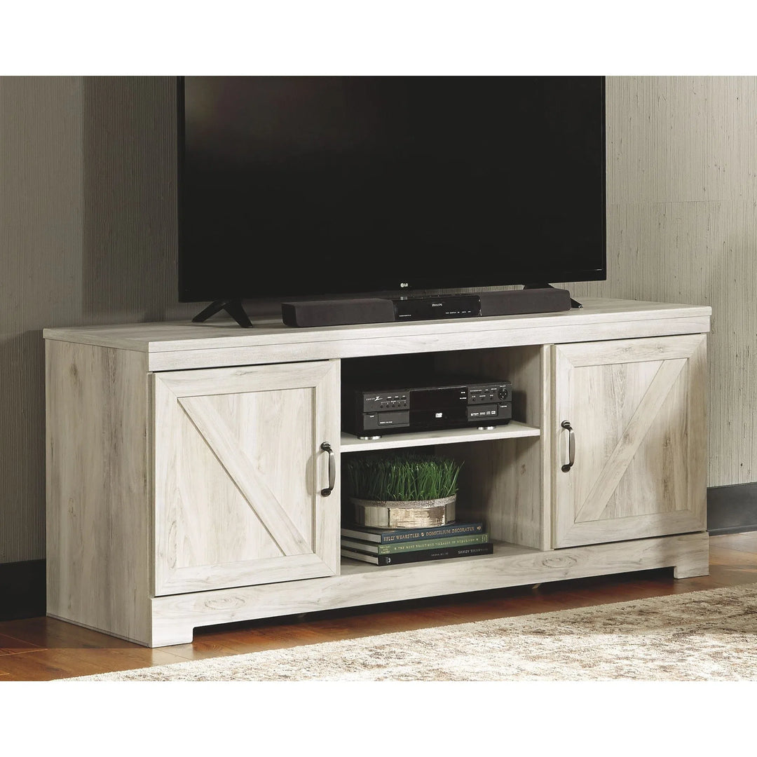 Ashley W331/68/24(2)/27/W100-02 Bellaby - Whitewash - Entertainment Center - LG TV Stand, 2 Piers, Bridge with Fireplace Insert Glass/Stone