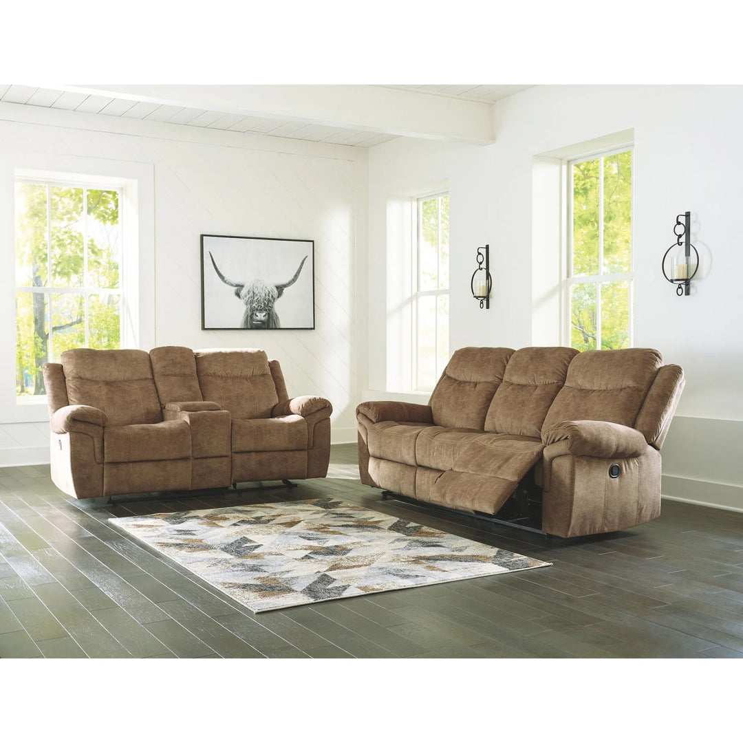 Ashley 82304/89/94/25/T108-13 Huddle-Up - Nutmeg - REC Sofa with Drop Down Table, DBL REC Loveseat with Console, Rocker Recliner & Jandoree Table Set