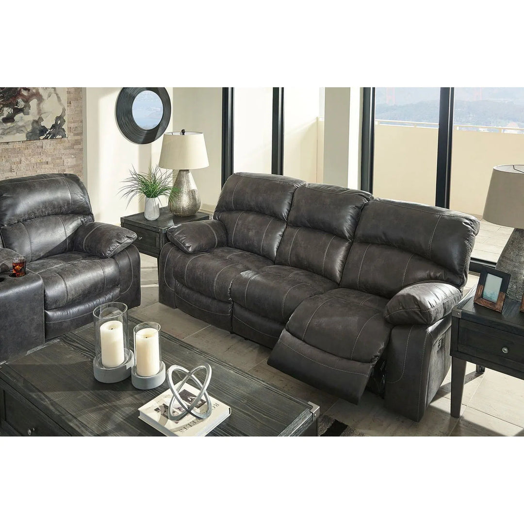 Ashley 51601/15/18/T901/9/3(2) Dunwell - Steel - PWR REC Sofa with ADJ HDRST, PWR REC Loveseat with CON/ADJ HDRST, Todoe Lift Top Cocktail Table & 2 End Tables