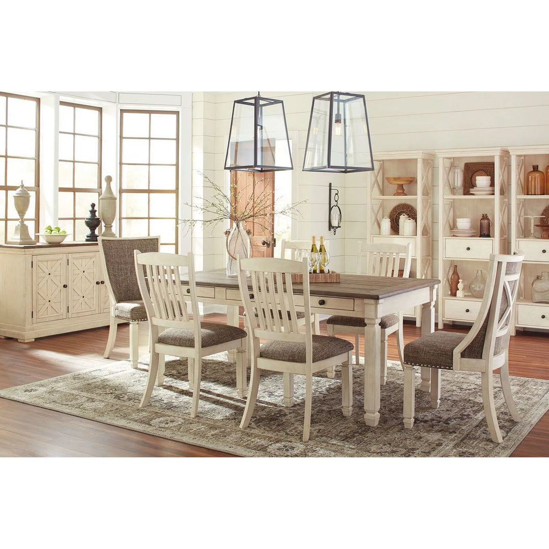 Ashley D647/25/01(4)/02(2) Bolanburg - Antique White - 7 Pc. - RECT DRM Table, 4 Side Chairs & 2 UPH Side Chairs
