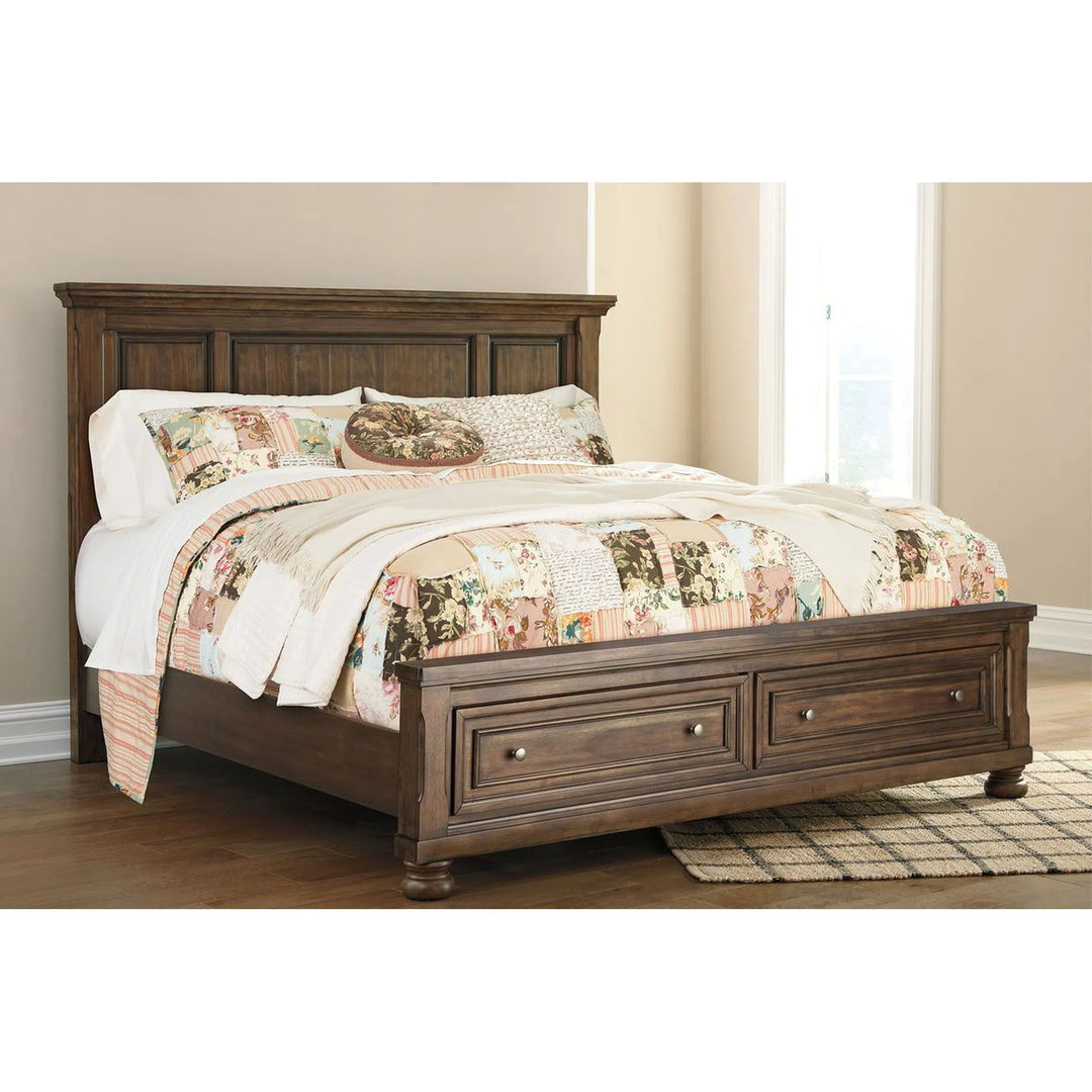 Flynnter - Medium Brown - Queen Panel Bed with 2 Storage Drawers