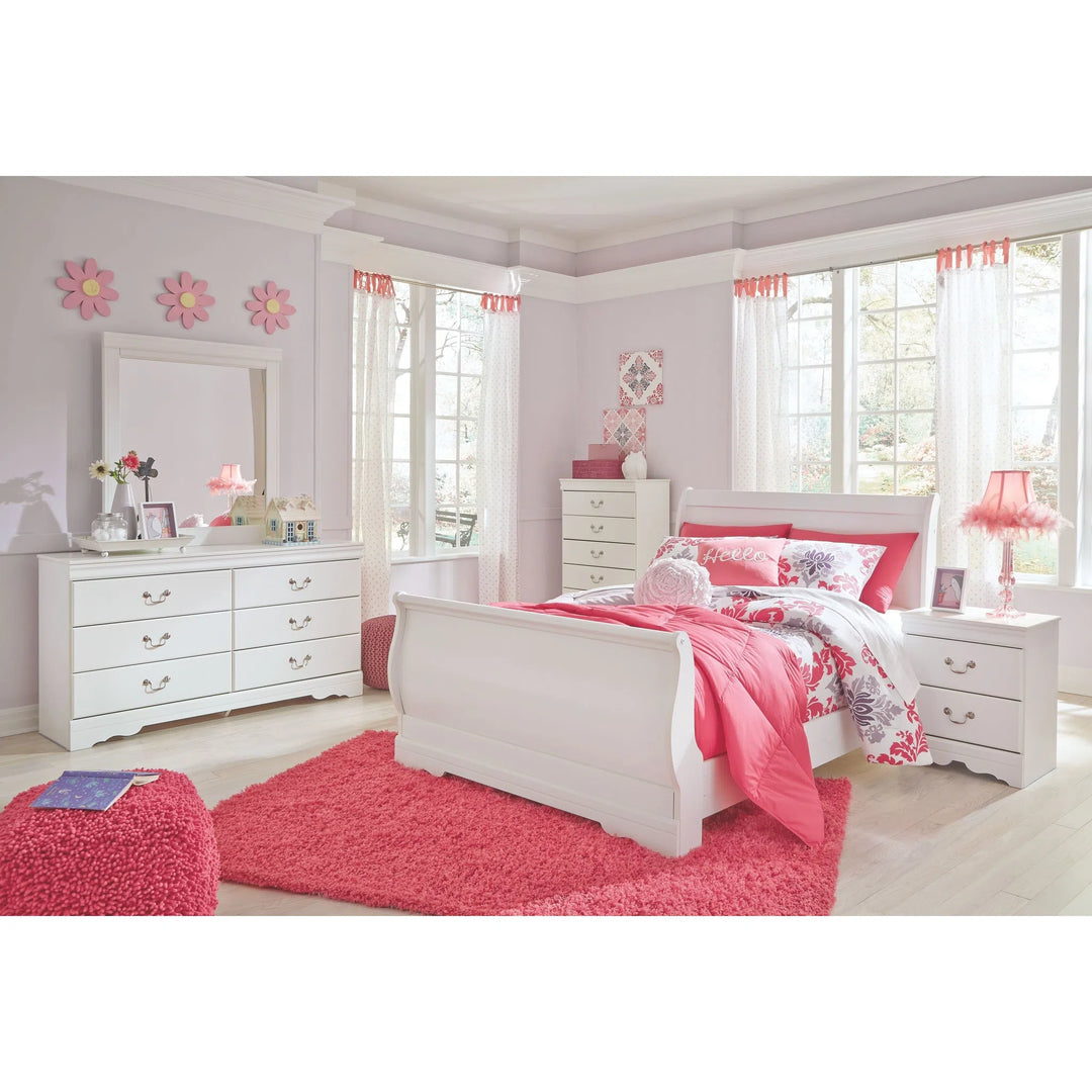 Ashley B129/31/36/46/87/84/88 Anarasia - White - 6 Pc. - Dresser, Mirror, Chest & Full Sleigh Bed